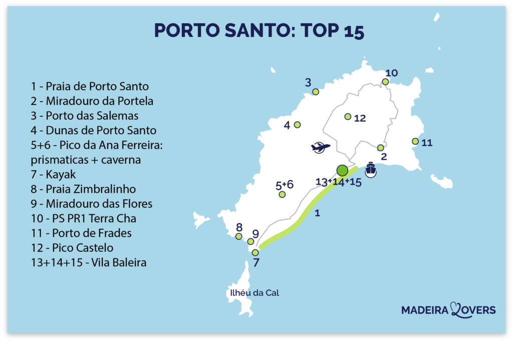 Onze kaart van de belangrijkste toeristische attracties van Porto Santo